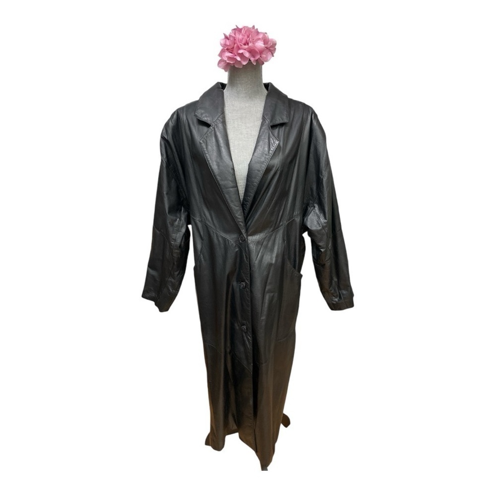VTG G-III Genuine Leather Trench Coat Long Black Overcoat L Made in Indonesia - Picture 2 of 15